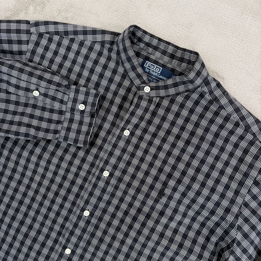 Vintage Polo Ralph Lauren Lowell Sport Band Collar Shirt Black White Plaid Large